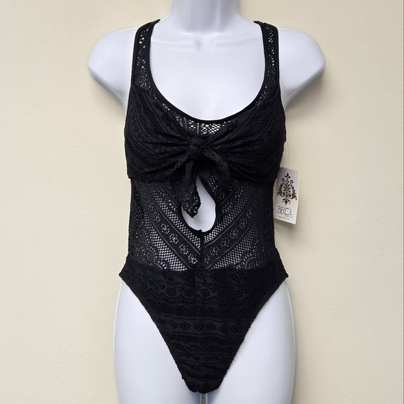 BECCA Color Play Crochet Tie front One piece swimsuit Black M - Picture 3 of 9